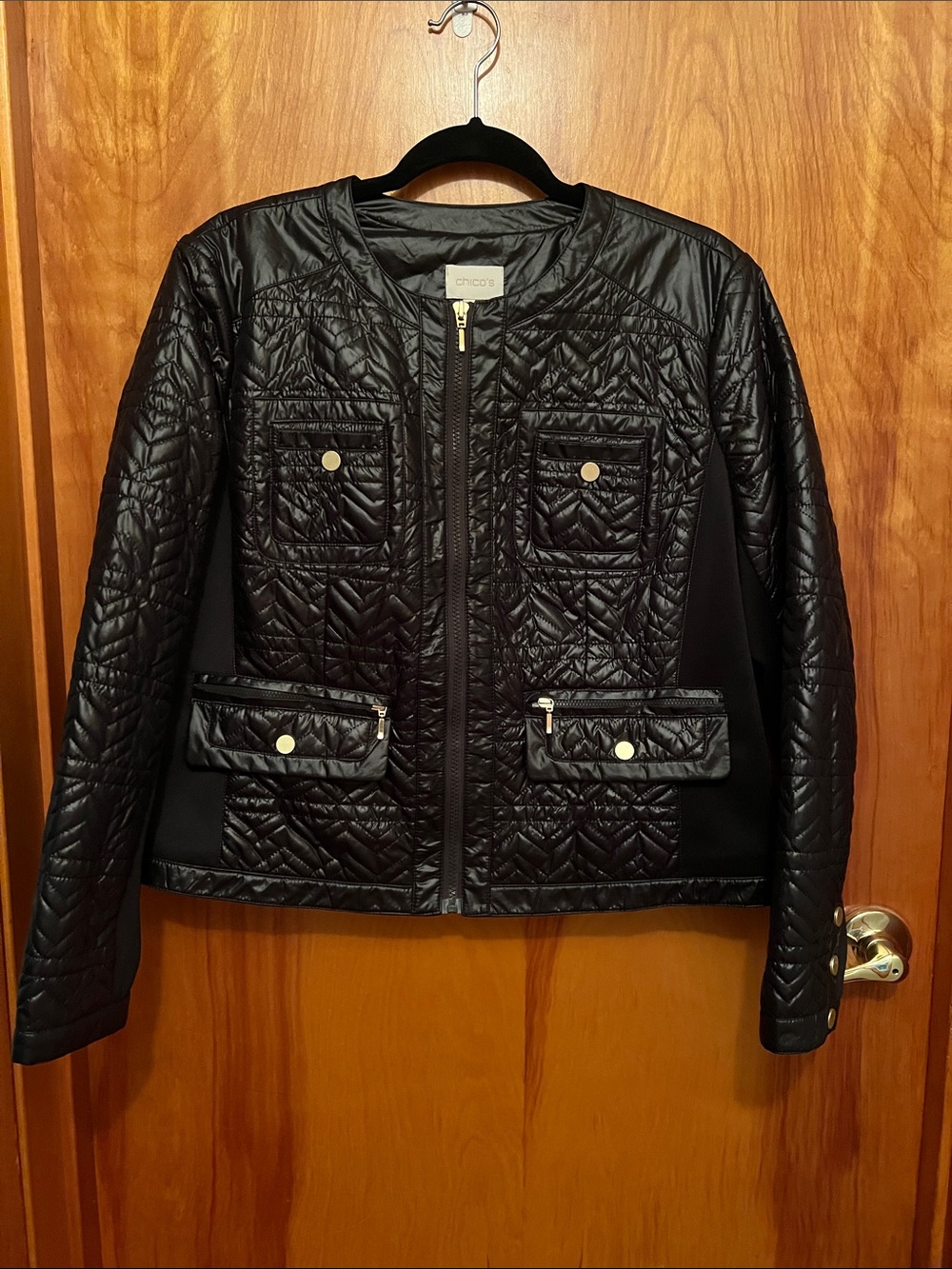 Chico's Black Quilted Zip Jacket with Gold-Tone Accents size 2